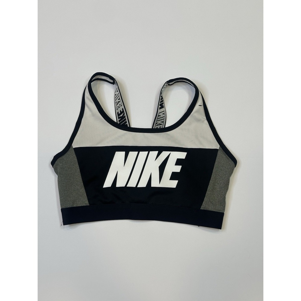 Nike Classic Medium Support Sports Bra | Branded Straps Black White Grey | S